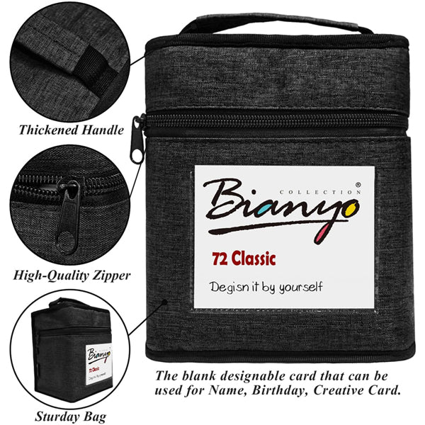 The Bianyo 72 Colors Alcohol Based Dual Tip Art Drawing Markers Set comes in a black insulated travel case with a thickened handle, quality zipper, and blank label for personalization. Text on front: 72 Classic and Design it by yourself.