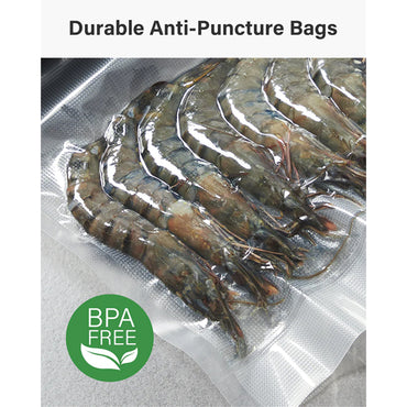 Kootek Commercial Vacuum Sealer Bags 6 Pack 8x20 are durable, puncture resistant, BPA-free bags that optimize space and keep shrimp fresh when used with vacuum sealers.