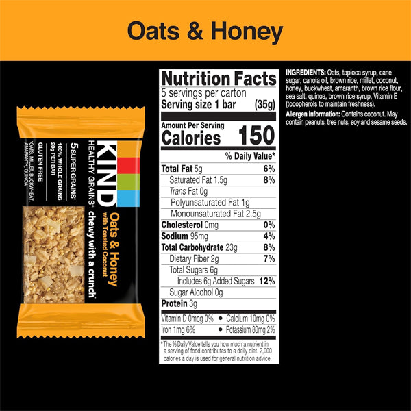 A KIND Healthy Grains Bars Oats & Honey with Toasted Coconut 8 pack is shown with nutrition facts: 150 calories, 5g fat, 23g carbs, and 3g protein per bar. Made with super grains and gluten free, on a black background.