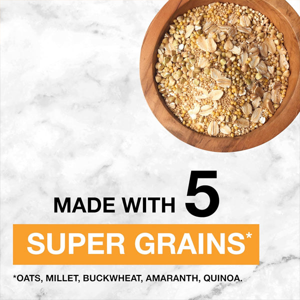 A KIND Healthy Grains Bar rests on marble, packed with 5 super grains—oats, millet, buckwheat, amaranth, quinoa. Enjoy gluten-free whole grain goodness in every 8 Pack of KIND Oats & Honey with Toasted Coconut Bars.