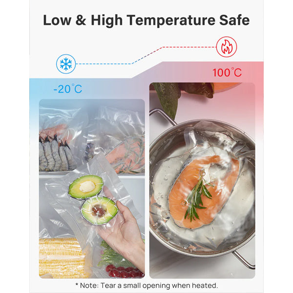 Kootek Commercial Vacuum Sealer Bags 6 Pack 8x20 are shown storing food in a freezer at -20°C and being boiled at 100°C, demonstrating Kootek’s temperature-safe, puncture-resistant packaging and efficient space use.