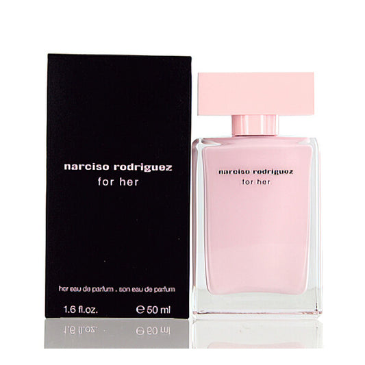 A 1.6oz bottle of Narciso Rodriguez For Her Eau De Parfum for Women, in a pink-capped bottle with matching box—a refined Floral Woody Musk scent by Narciso Rodriguez.