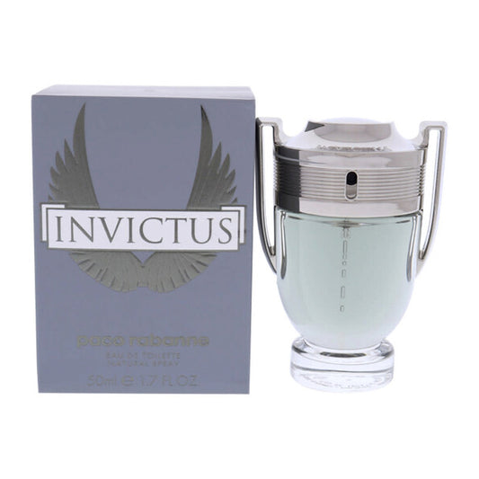 A 1.7oz bottle of Paco Rabanne Invictus Eau De Toilette for Men sits next to its sleek silver-grey box, featuring the signature Invictus logo and wings—a bold, masculine scent by Paco Rabanne.