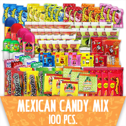 Assorted Mexican candies arranged in rows highlight the Deal Society 100 Piece Mexican Candy Variety Bulk Pack (Individually Wrapped Dulces Mexicanos), with “Mexican Candy Mix 100 pcs.” shown at the bottom on an orange background.