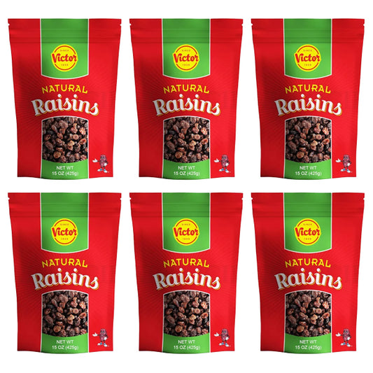 Six packs of Victor Natural California Raisins 15 oz, by Victor, are arranged in two rows of three against a white background.