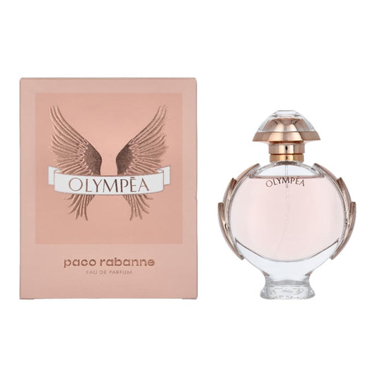 A 1.7oz Paco Rabanne Olympea Eau De Parfum for Women is shown beside its pink box with wing graphics and the Paco Rabanne logo, reflecting the essence of this captivating amber floral fragrance.