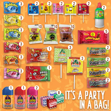 Deal Society’s 100 Piece Mexican Candy Variety Bulk Pack features assorted individually wrapped Dulces Mexicanos—Bubbaloo, Vero, Rellerindos, Pulparindo, Lucas, Canel’s gum, chamoy and more. Labels and quantities included.