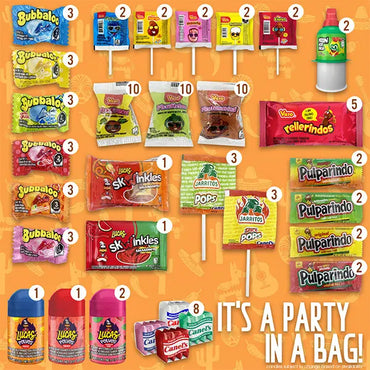 Deal Society’s 100 Piece Mexican Candy Variety Bulk Pack features assorted individually wrapped Dulces Mexicanos—Bubbaloo, Vero, Rellerindos, Pulparindo, Lucas, Canel’s gum, chamoy and more. Labels and quantities included.