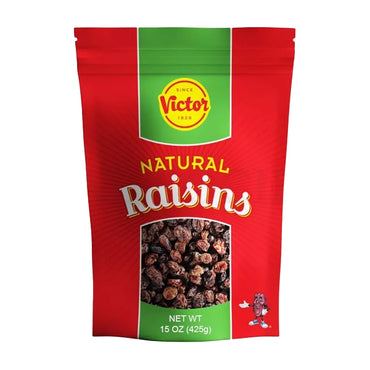 A 6 Pack of Victor Natural California Raisins, each in a 15 oz resealable pouch with red and green design, featuring nutrient-rich raisins and the Victor logo at the top.