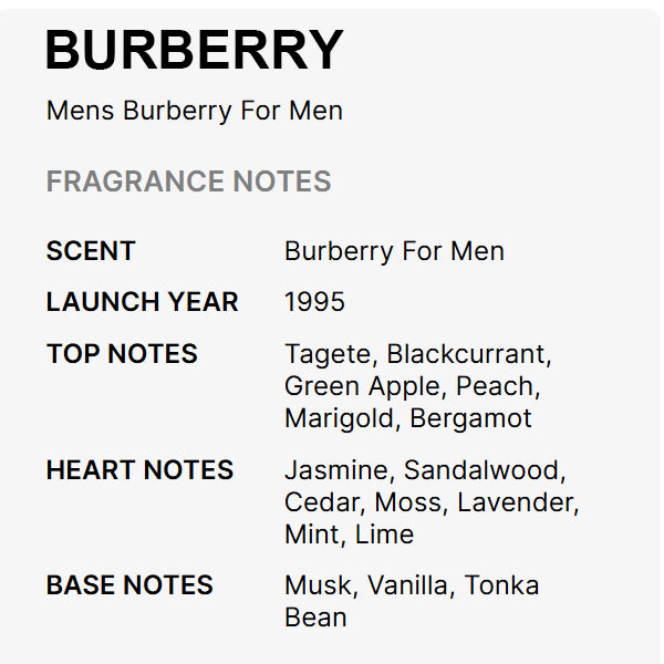 Burberry Classic Eau De Toilette for Men 1.7oz by Burberry, introduced in 1995, features a long-lasting scent with a breakdown of top, heart, and base fragrance notes.