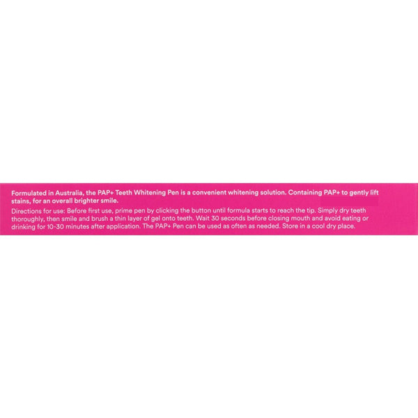 A rectangular pink label with white text displays instructions and details about the Hismile PAP+ formula on the 2 Pack - Hismile PAP+ Teeth Whitening Pen 3ml, designed to help you whiten your teeth for a brighter smile.