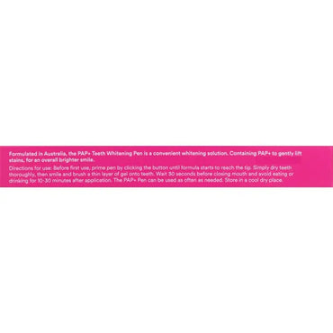 A rectangular pink label with white text displays instructions and details about the Hismile PAP+ formula on the 2 Pack - Hismile PAP+ Teeth Whitening Pen 3ml, designed to help you whiten your teeth for a brighter smile.
