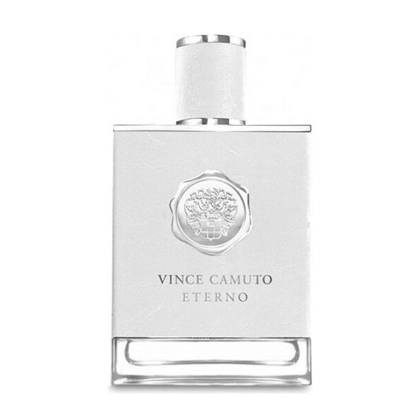 The Vince Camuto Eterno Eau De Toilette for Men 3.4oz features a clear glass bottle with a silver cap and embossed emblem, reflecting the refined essence of this fragrance by Vince Camuto.