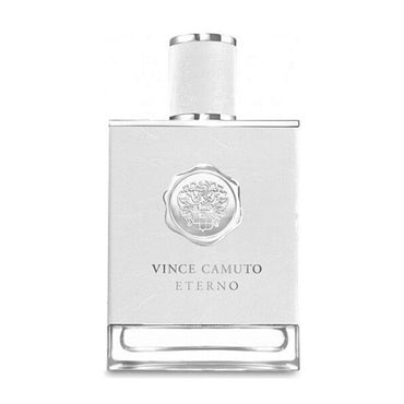 The Vince Camuto Eterno Eau De Toilette for Men 3.4oz features a clear glass bottle with a silver cap and embossed emblem, reflecting the refined essence of this fragrance by Vince Camuto.