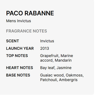 Paco Rabanne Invictus Eau De Toilette for Men 1.7oz blends grapefruit, marine notes, and mandarin with bay leaf and jasmine, finishing on guaiac wood, oakmoss, patchouli, and ambergris for a bold masculine scent.