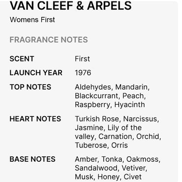 Experience First by Van Cleef & Arpels Eau De Toilette for Women 3.3oz—a classic scent from 1976. Explore the elegant blend of top, heart, and base notes in this timeless fragrance from Van Cleef & Arpels.