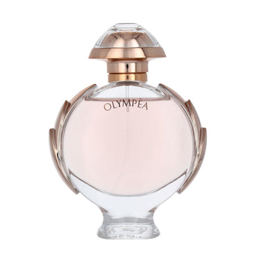 The Paco Rabanne Olympea Eau De Parfum for Women 1.7oz features a clear, round bottle with gold accents and OLYMPÉA on the front, filled with light pink liquid, reflecting the brands sophisticated style.