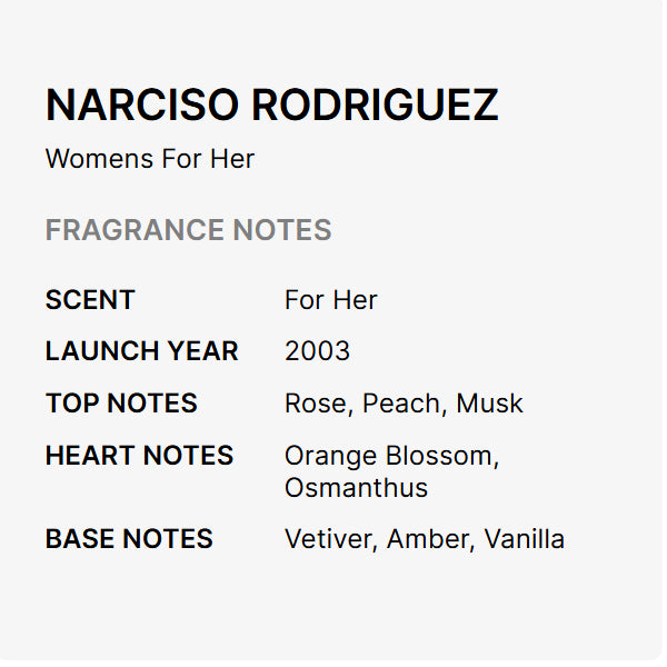 Narciso Rodriguez For Her Eau De Parfum for Women 1.6oz by Narciso Rodriguez blends rose, peach, and musk top notes with orange blossom and osmanthus at the heart, finished by vetiver, amber, and vanilla in a Floral Woody Musk scent.