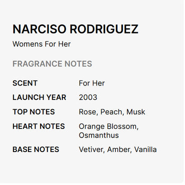 Narciso Rodriguez For Her Eau De Parfum for Women 1.6oz by Narciso Rodriguez blends rose, peach, and musk top notes with orange blossom and osmanthus at the heart, finished by vetiver, amber, and vanilla in a Floral Woody Musk scent.