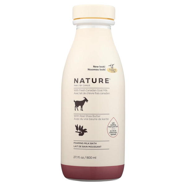 A 2 Pack of Canus Nature Foaming Milk Bath, 27.1oz each, with moisturizing Canadian goat milk and shea butter. The label provides product info in English and French.