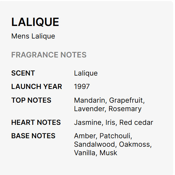Lalique Pour Homme Eau De Toilette for Men 4.2oz by Lalique, launched in 1997, blends mandarin, grapefruit, jasmine, amber, sandalwood, and musk for a refined men’s fragrance.
