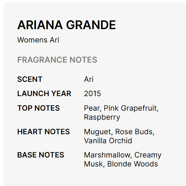 Experience Ariana Grande Ari Eau De Parfum for Women 3.4oz, a playful yet sophisticated scent blending pear, raspberry, rose buds, marshmallow, and creamy musk. Launched in 2015 by Ariana Grande.