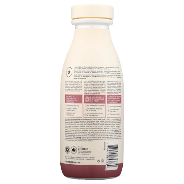 The back of a 2 Pack - Nature by Canus Foaming Milk Bath Canadian Goat Milk Shea Butter 27.1oz bottle displays moisturizing info, usage instructions, and skincare ingredients from the Canus brand in English and French.