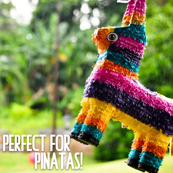 A vibrant donkey piñata hangs outdoors; text reads “Perfect for Piñatas! Pair it with Deal Societys 100 Piece Mexican Candy Variety Bulk Pack Dulces Mexicanos for extra fun.”.