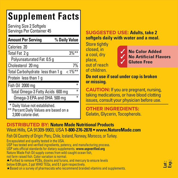 2 Pack - Nature Made Fish Oil 1000 mg Softgels Fish Oil Supplements 90 Count Each