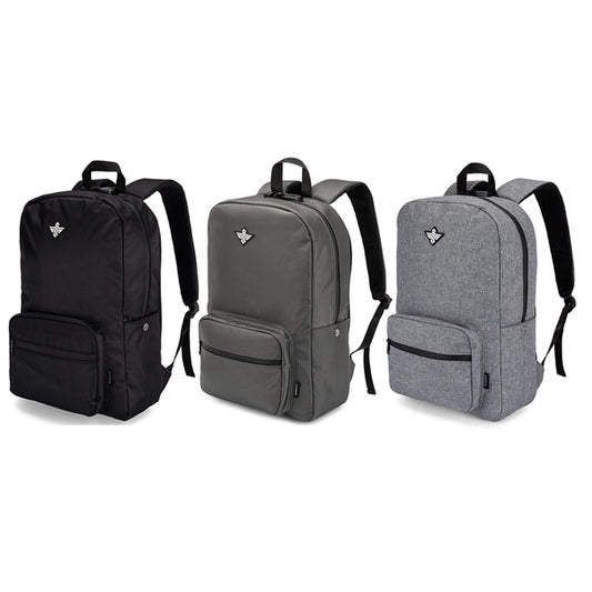 The Erozul Legend Smell Proof Back Pack by Erozul is shown in black, dark gray, and light gray. Each backpack includes a front pocket, zipper closures, small front logo, and an anti-theft combination lock for enhanced security.
