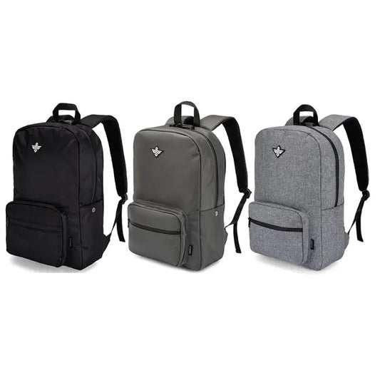 The Erozul Legend Smell Proof Back Pack by Erozul is shown in black, dark gray, and light gray. Each backpack includes a front pocket, zipper closures, small front logo, and an anti-theft combination lock for enhanced security.