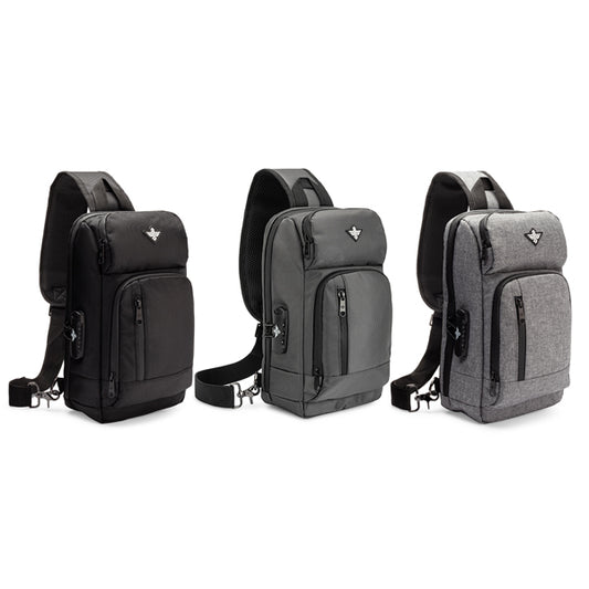 Three Erozul Equinox Smell Proof Sling Bags With Combination Lock by Erozul are shown in black, dark gray, and light gray, each with zippered compartments, a front logo, and advanced carbon lining for odor protection.