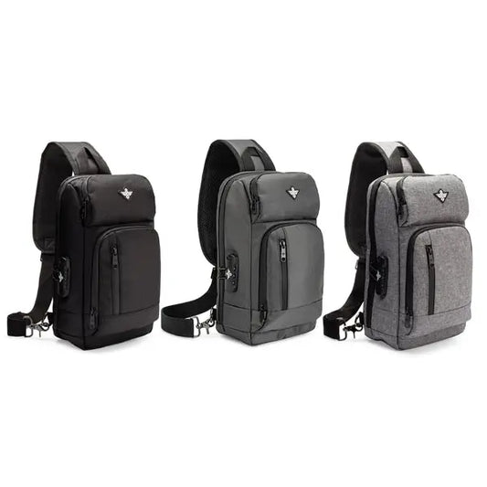 Three Erozul Equinox Smell Proof Sling Bags With Combination Lock by Erozul are shown in black, dark gray, and light gray, each with zippered compartments, a front logo, and advanced carbon lining for odor protection.