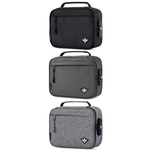 The Erozul Exodus v2 Smell Proof Case With Combination Lock by Erozul comes in black, dark gray, and light gray. Each rectangular case has a handle, front zipper pocket, logo patch, and an activated carbon lining for added freshness.