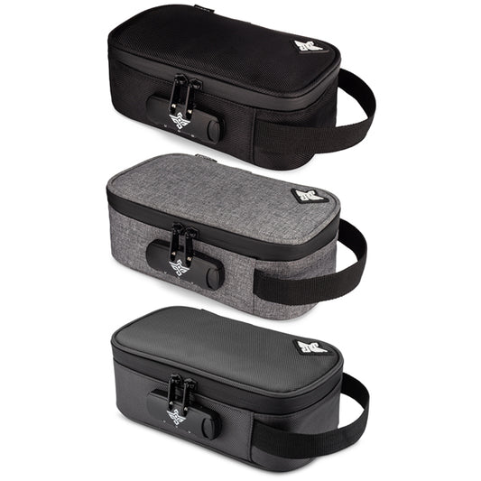 Three Erozul Genesis v2 Medium Smell Proof Cases with handles, shown in black, gray, and dark gray, are stacked vertically. Each case by Erozul is water resistant and features a combination lock for added protection.