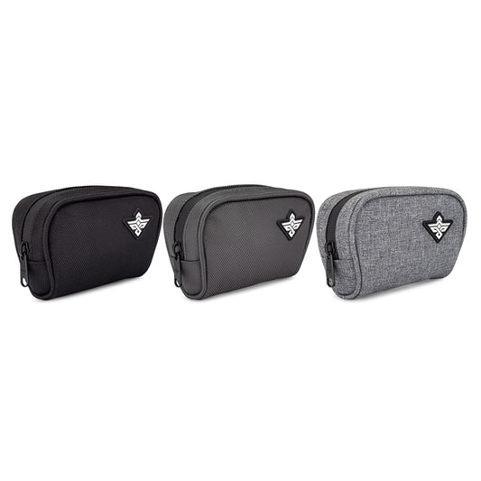 The Erozul Nano v2 Small Smell Proof Slim Pack Pouch by Erozul comes in black, dark gray, and light gray, features a front triangular logo patch, and is made from water-resistant material for durability.