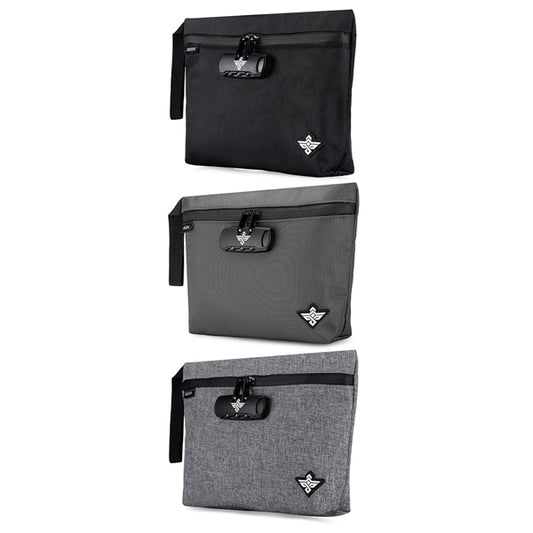 The Erozul Orion Smell Proof Bag With Combination Lock 11 by Erozul comes in black, dark gray, and light gray. Each water-resistant pouch features a wrist strap, anti-theft lock, and a triangular logo in the bottom left corner.