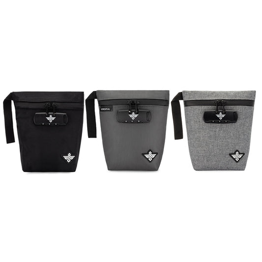 The Erozul Orion Smell Proof Bag With Combination Lock 7 by Erozul features water-resistant rectangular storage in black, dark gray, and light gray with zipper closure, carrying strap, and a small logo patch at the bottom.