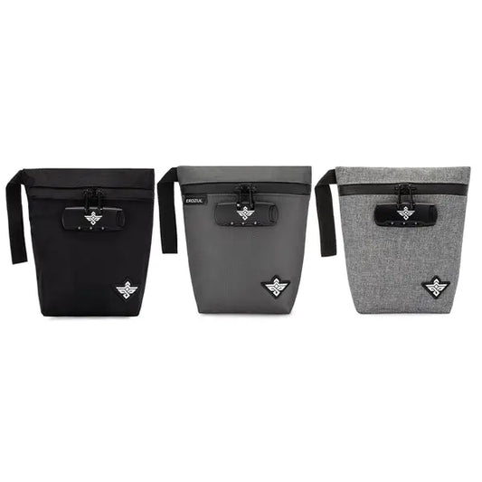 The Erozul Orion Smell Proof Bag With Combination Lock 7 by Erozul features water-resistant rectangular storage in black, dark gray, and light gray with zipper closure, carrying strap, and a small logo patch at the bottom.