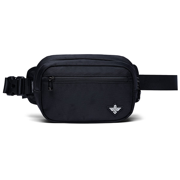 The Erozul Fortuna Smell Proof Fanny Pack Crossbody Bag by Erozul is a black, water-resistant waist bag with a front zipper pocket, side buckle strap, and a small geometric logo patch on the bottom right corner.