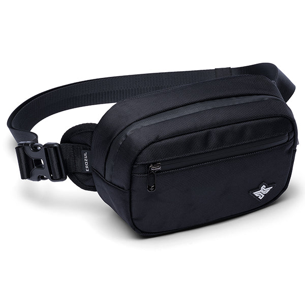 The Erozul Fortuna Smell Proof Fanny Pack Crossbody Bag by Erozul is a black, water-resistant waist bag with a front zippered pocket, adjustable strap, and a small white logo in the bottom right corner.