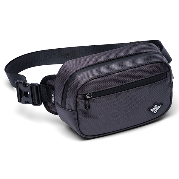 The Erozul Fortuna Smell Proof Fanny Pack Crossbody Bag by Erozul is a black and gray waist bag with water-resistant fabric, front zipper pocket, adjustable strap, side buckle, and a small front logo.