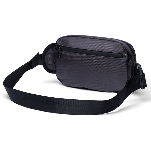 The Erozul Fortuna Smell Proof Fanny Pack Crossbody Bag by Erozul is a black and gray waist bag with a zippered closure, adjustable strap, and water-resistant fabric, shown on a white background.