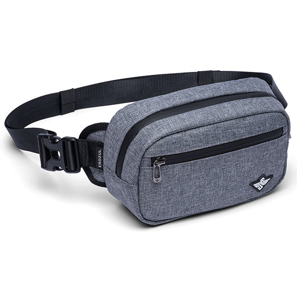 The Erozul Fortuna Smell Proof Fanny Pack Crossbody Bag by Erozul features water-resistant grey fabric, a front zipper pocket, main compartment, black adjustable strap, and sturdy plastic buckle.