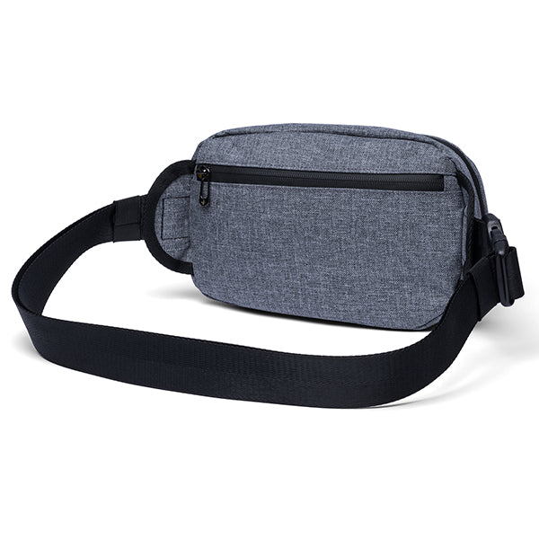 The Erozul Fortuna Smell Proof Fanny Pack Crossbody Bag by Erozul features gray, water-resistant fabric, a black adjustable strap, and a front zippered pocket, shown on a white background.