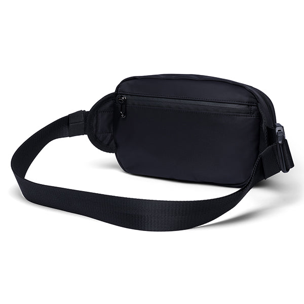 The Erozul Fortuna Smell Proof Fanny Pack Crossbody Bag by Erozul, shown on a white background, features a black water-resistant fabric, adjustable strap, and zippered front pocket.