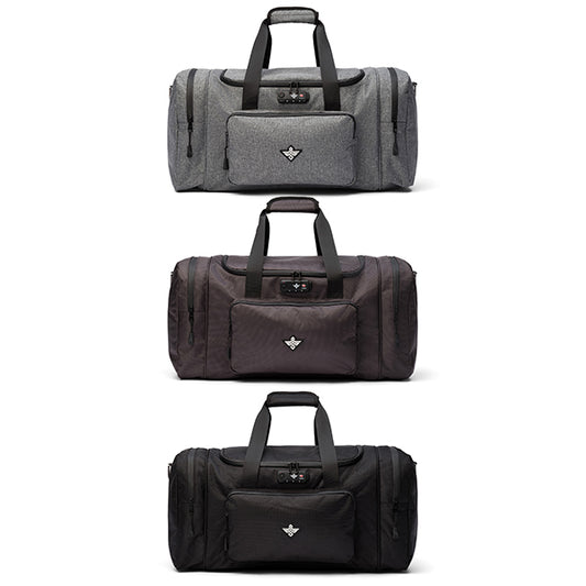 Three Erozul Legion Smell Proof Duffel Bags With TSA Combination Lock by Erozul in gray, dark brown, and black are shown vertically, each with side pockets, front pocket, two handles, and advanced odor-blocking security.