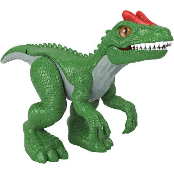 The Imaginext Jurassic World Camp Cretaceous Allosaurus Dinosaur by Imaginext is a green dinosaur toy with an orange ridge, white teeth, and textured skin, standing upright with its mouth open—just like a Jurassic World creature.