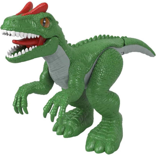 The Imaginext Jurassic World Camp Cretaceous Allosaurus Dinosaur by Imaginext features a green and gray design with red horns, white teeth, and an upright pose—ideal for exciting dinosaur adventures.