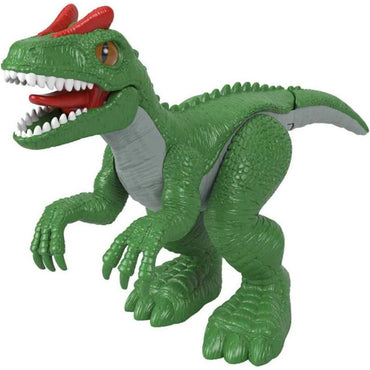 The Imaginext Jurassic World Camp Cretaceous Allosaurus Dinosaur by Imaginext features a green and gray design with red horns, white teeth, and an upright pose—ideal for exciting dinosaur adventures.